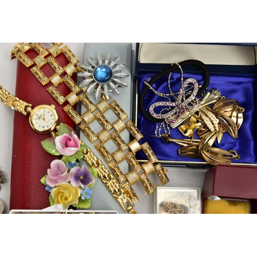 128 - A BOX OF ASSORTED JEWELLERY, to include a silver heart padlock clasp, hallmarked silver Sheffield, a... 