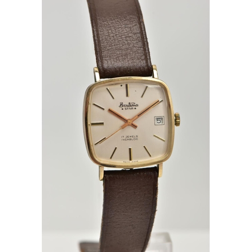 13 - A 9CT GOLD GENTS WRISTWATCH, hand wound movement, white coloured square dial, signed 'Bentima star 1... 