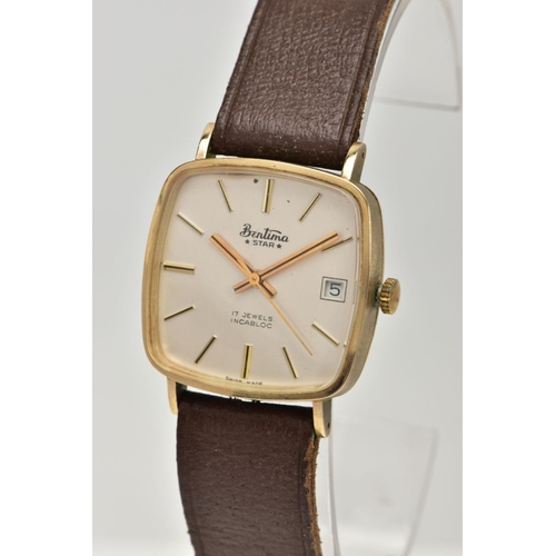 13 - A 9CT GOLD GENTS WRISTWATCH, hand wound movement, white coloured square dial, signed 'Bentima star 1... 