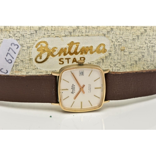 13 - A 9CT GOLD GENTS WRISTWATCH, hand wound movement, white coloured square dial, signed 'Bentima star 1... 