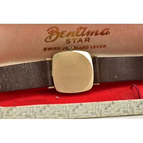 13 - A 9CT GOLD GENTS WRISTWATCH, hand wound movement, white coloured square dial, signed 'Bentima star 1... 