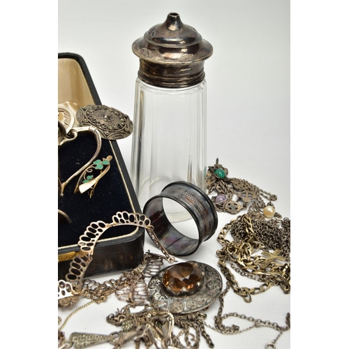 133 - A SELECTION OF SILVER AND WHITE METAL ITEMS, to include a cased silver christening cup, bell shape w... 