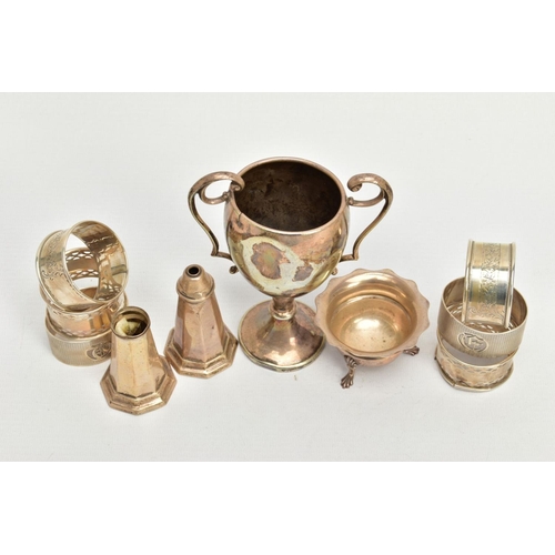 134 - ASSORTED SILVERWARE, to include a set of weighted salt and pepper shakers, hallmarked 'James Deakin ... 