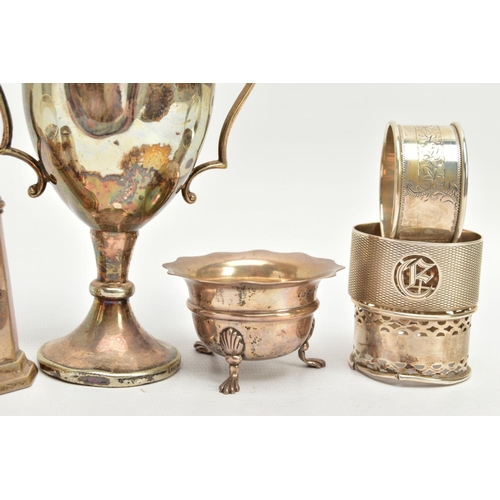 134 - ASSORTED SILVERWARE, to include a set of weighted salt and pepper shakers, hallmarked 'James Deakin ... 