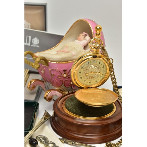 140 - A BOX OF ASSORTED ITEMS, to include a Franklin Mint 'John Wayne' collector pocket watch, together wi... 