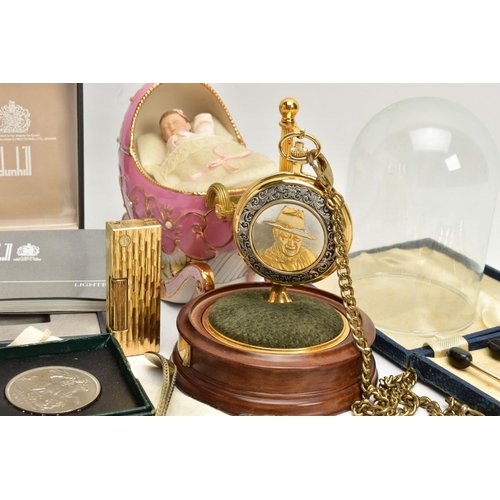 140 - A BOX OF ASSORTED ITEMS, to include a Franklin Mint 'John Wayne' collector pocket watch, together wi... 