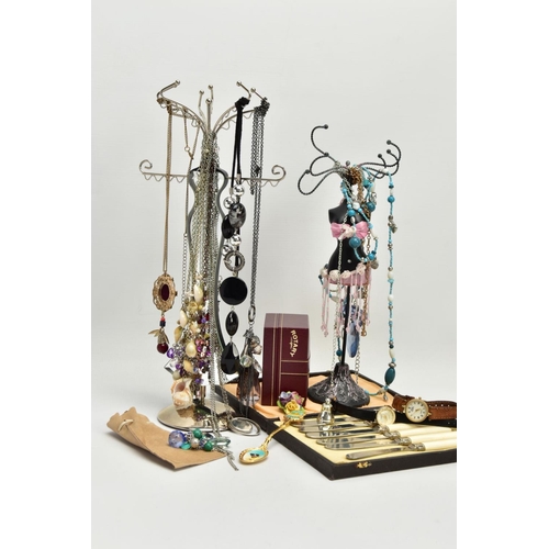 141 - A BOX OF ASSORTED ITEMS, to include two jewellery stands with a selection of beaded necklaces, a cas... 