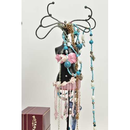 141 - A BOX OF ASSORTED ITEMS, to include two jewellery stands with a selection of beaded necklaces, a cas... 