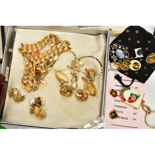 143 - A BOX OF ASSORTED COSTUME JEWELLERY, to include a Christian Dior gold tone and imitation pearl neckl... 