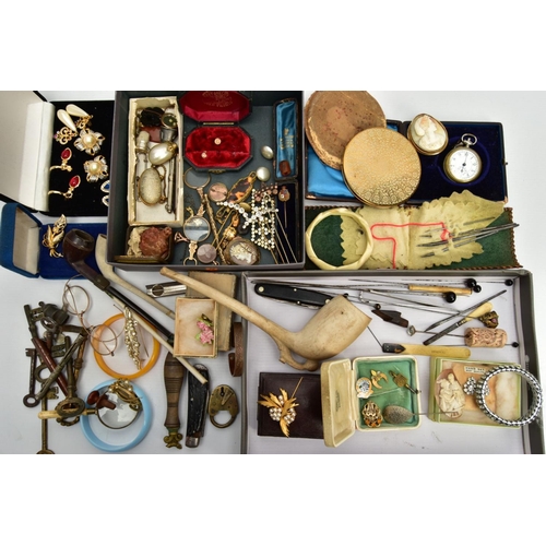 144 - A BOX OF ASSORTED ITEMS, to include a pair of gold plated spectacles, two gold back and front locket... 