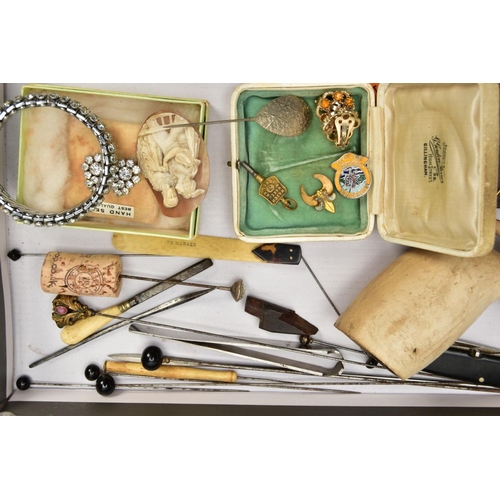 144 - A BOX OF ASSORTED ITEMS, to include a pair of gold plated spectacles, two gold back and front locket... 