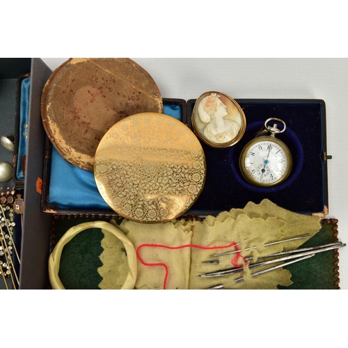 144 - A BOX OF ASSORTED ITEMS, to include a pair of gold plated spectacles, two gold back and front locket... 