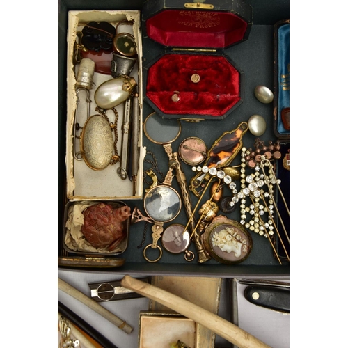 144 - A BOX OF ASSORTED ITEMS, to include a pair of gold plated spectacles, two gold back and front locket... 