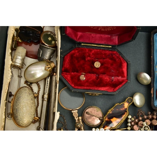 144 - A BOX OF ASSORTED ITEMS, to include a pair of gold plated spectacles, two gold back and front locket... 