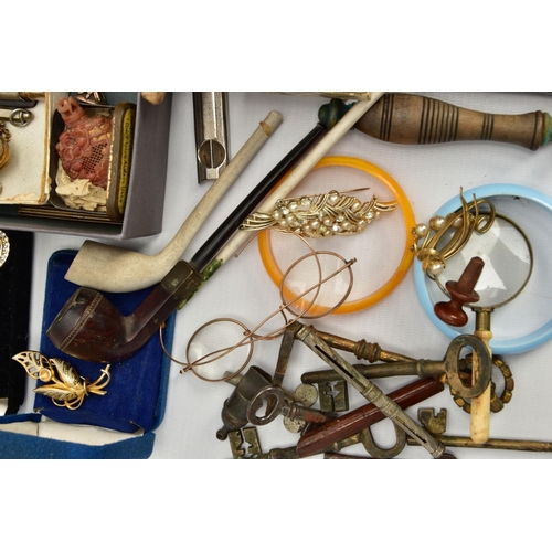 144 - A BOX OF ASSORTED ITEMS, to include a pair of gold plated spectacles, two gold back and front locket... 