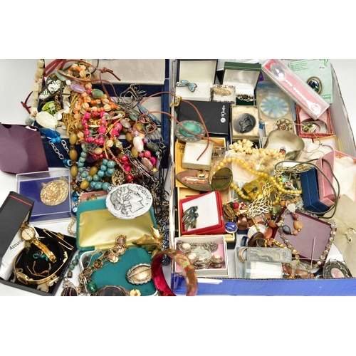 145 - BOX OF WHITE METAL JEWELLERY AND ASSORTED COSTUME JEWELLERY, to include an oval double sided pendant... 