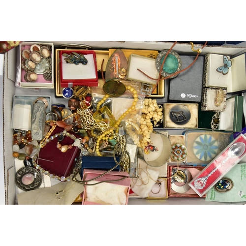 145 - BOX OF WHITE METAL JEWELLERY AND ASSORTED COSTUME JEWELLERY, to include an oval double sided pendant... 