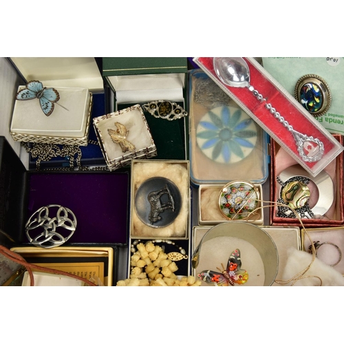 145 - BOX OF WHITE METAL JEWELLERY AND ASSORTED COSTUME JEWELLERY, to include an oval double sided pendant... 