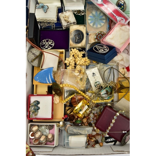 145 - BOX OF WHITE METAL JEWELLERY AND ASSORTED COSTUME JEWELLERY, to include an oval double sided pendant... 