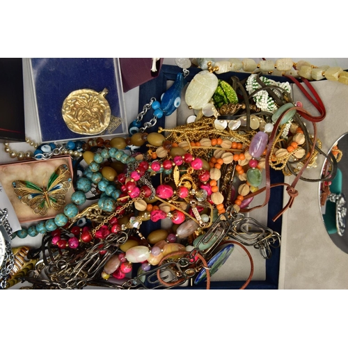 145 - BOX OF WHITE METAL JEWELLERY AND ASSORTED COSTUME JEWELLERY, to include an oval double sided pendant... 