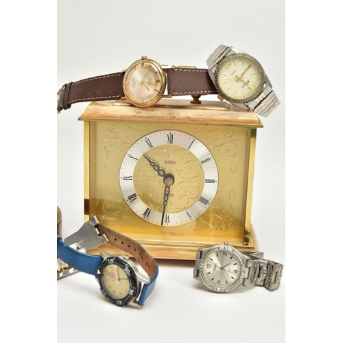 146 - A BOX OF WRISTWATCHES AND CLOCKS, to include a selection of gents wristwatches, names to include 'Ro... 