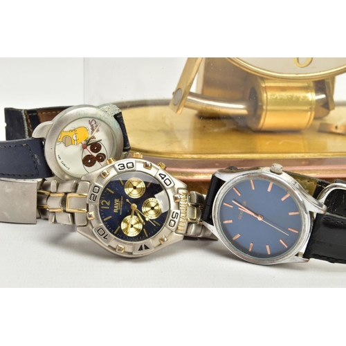 146 - A BOX OF WRISTWATCHES AND CLOCKS, to include a selection of gents wristwatches, names to include 'Ro... 