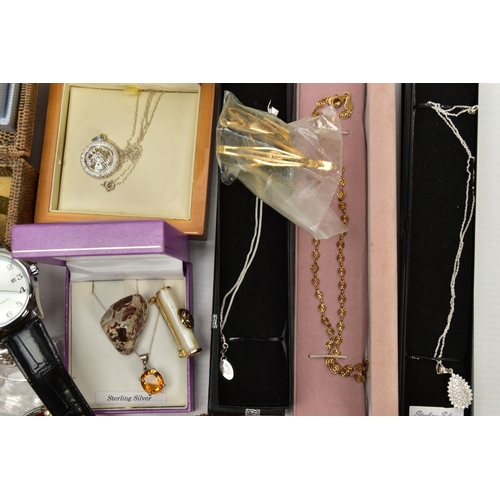 148 - A SELECTION OF SILVER AND WHITE METAL JEWELLERY, to include two boxed cubic zirconia set pendant nec... 