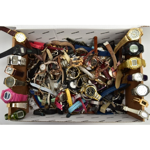 153 - A BOX OF ASSORTED LADIES, GENTS AND CHILDRENS WRISTWATCHES, mostly quartz movements, all in used and... 