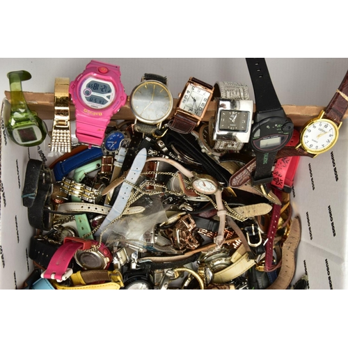 153 - A BOX OF ASSORTED LADIES, GENTS AND CHILDRENS WRISTWATCHES, mostly quartz movements, all in used and... 