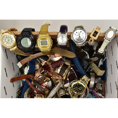 153 - A BOX OF ASSORTED LADIES, GENTS AND CHILDRENS WRISTWATCHES, mostly quartz movements, all in used and... 