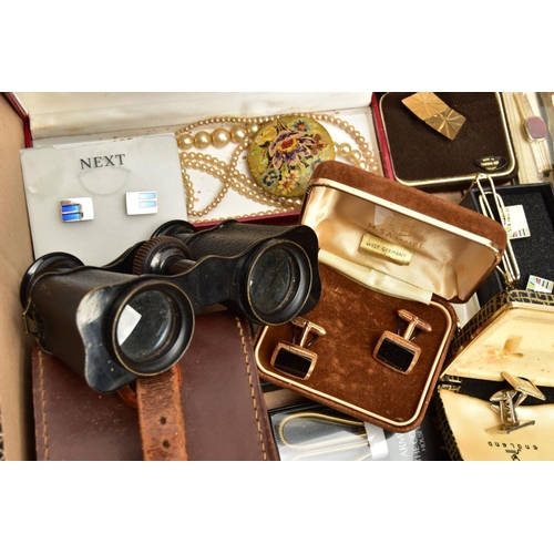 154 - A BOX OF ASSORTED ITEMS, to include various gents cufflinks and tie clips, two paste set panda brooc... 