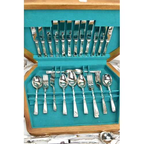 157 - A CANTEEN AND LOOSE CUTLERY, wooden canteen filled with stainless steel cutlery, together with a sma... 