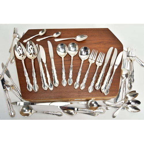 157 - A CANTEEN AND LOOSE CUTLERY, wooden canteen filled with stainless steel cutlery, together with a sma... 