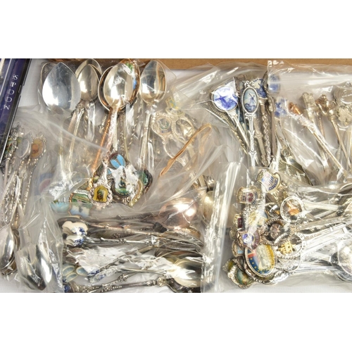 158 - TWO BOXES OF WHITE METAL WARE, to include a large quantity of collectable teaspoons, some continenta... 