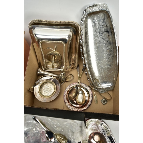 158 - TWO BOXES OF WHITE METAL WARE, to include a large quantity of collectable teaspoons, some continenta... 