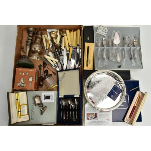 159 - A BOX OF SILVERWARE AND WHITE METAL ITEMS, to include a glass vanity jar with a silver lid, hallmark... 