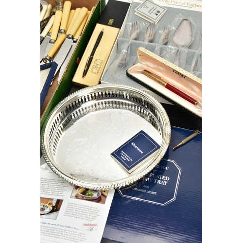 159 - A BOX OF SILVERWARE AND WHITE METAL ITEMS, to include a glass vanity jar with a silver lid, hallmark... 