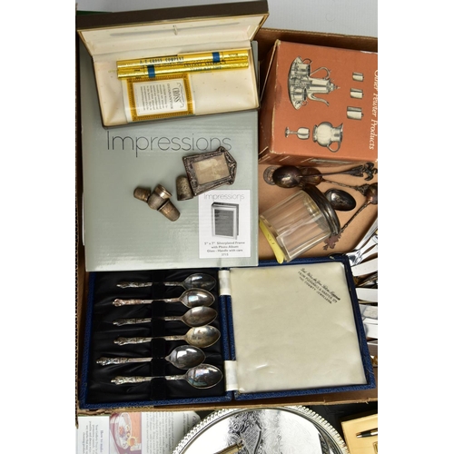 159 - A BOX OF SILVERWARE AND WHITE METAL ITEMS, to include a glass vanity jar with a silver lid, hallmark... 