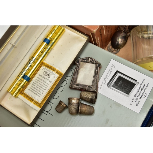 159 - A BOX OF SILVERWARE AND WHITE METAL ITEMS, to include a glass vanity jar with a silver lid, hallmark... 