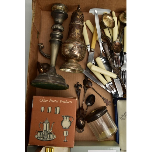 159 - A BOX OF SILVERWARE AND WHITE METAL ITEMS, to include a glass vanity jar with a silver lid, hallmark... 