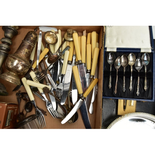 159 - A BOX OF SILVERWARE AND WHITE METAL ITEMS, to include a glass vanity jar with a silver lid, hallmark... 