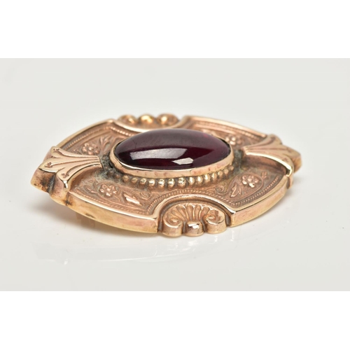 16 - A 9CT GOLD GARNET BROOCH, a rose gold Victorian style brooch, set with an elongated oval garnet, det... 