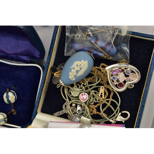 160 - A BOX OF ASSORTED COSTUME JEWELLERY AND ITEMS, to include a small cream jewellery box with costume j... 