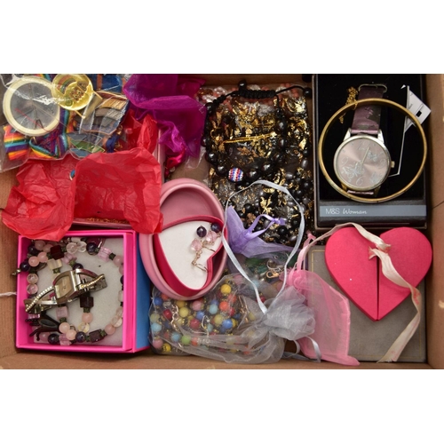 160 - A BOX OF ASSORTED COSTUME JEWELLERY AND ITEMS, to include a small cream jewellery box with costume j... 