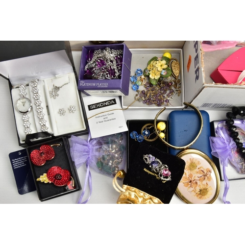 160 - A BOX OF ASSORTED COSTUME JEWELLERY AND ITEMS, to include a small cream jewellery box with costume j... 