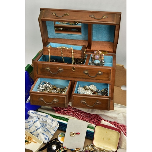 163 - TWO BOXES OF ASSORTED ITEMS, to include a small wooden jewellery box, various pieces of costume jewe... 