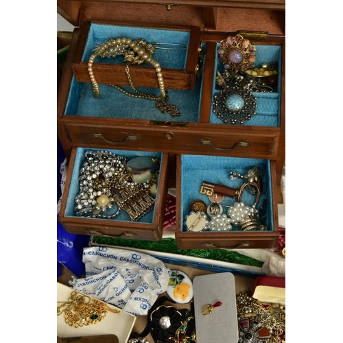 163 - TWO BOXES OF ASSORTED ITEMS, to include a small wooden jewellery box, various pieces of costume jewe... 