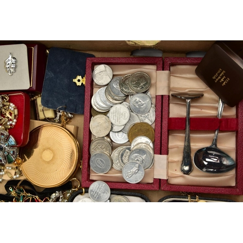 163 - TWO BOXES OF ASSORTED ITEMS, to include a small wooden jewellery box, various pieces of costume jewe... 