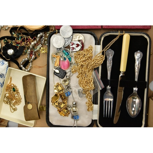 163 - TWO BOXES OF ASSORTED ITEMS, to include a small wooden jewellery box, various pieces of costume jewe... 