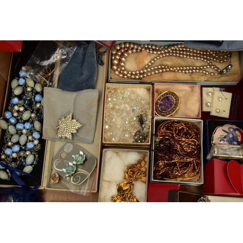 163 - TWO BOXES OF ASSORTED ITEMS, to include a small wooden jewellery box, various pieces of costume jewe... 